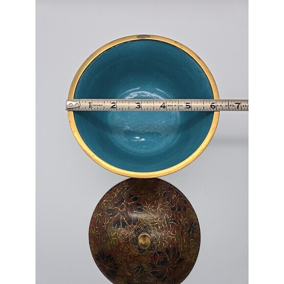 Vintage Chinese Cloisonne Covered Bowl on Wood Stand Enamel over Copper Floral - Picture 8 of 8